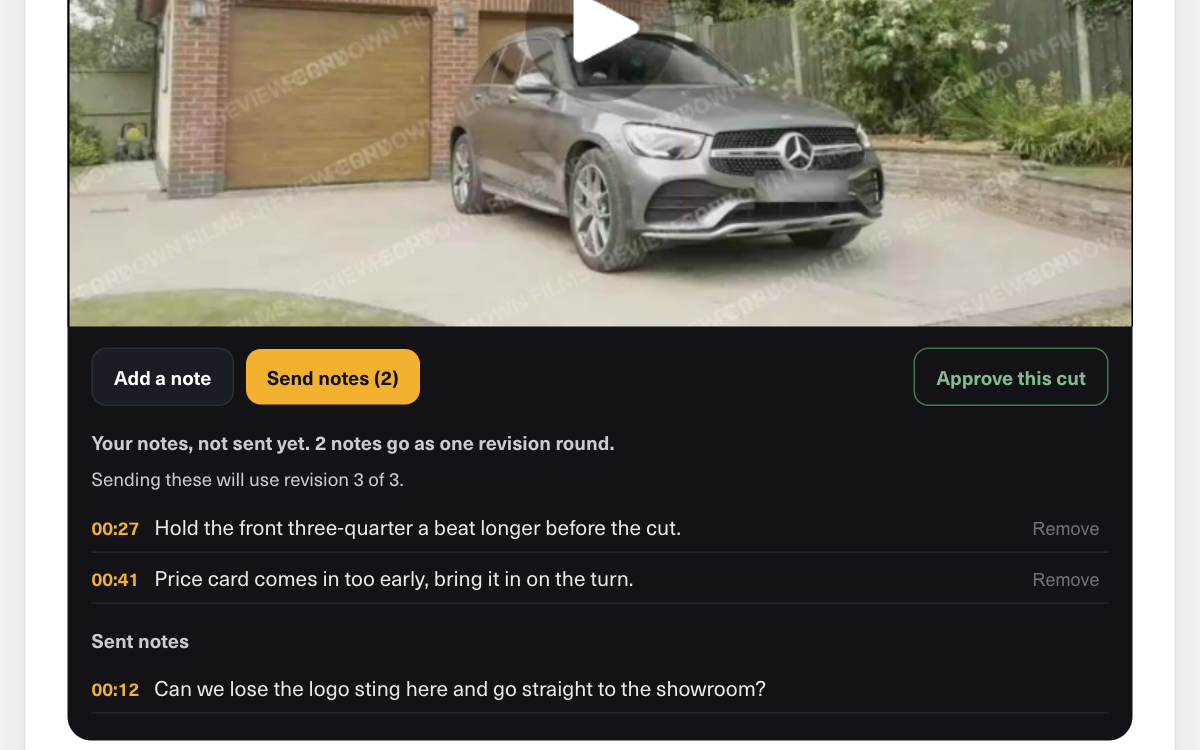 A review cut on the client's page with notes pinned to the timecode
