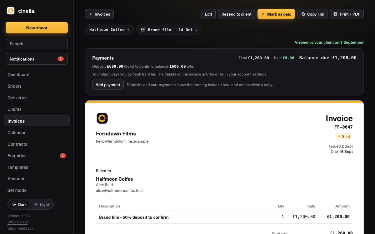 An invoice in the studio app showing that the client has viewed it