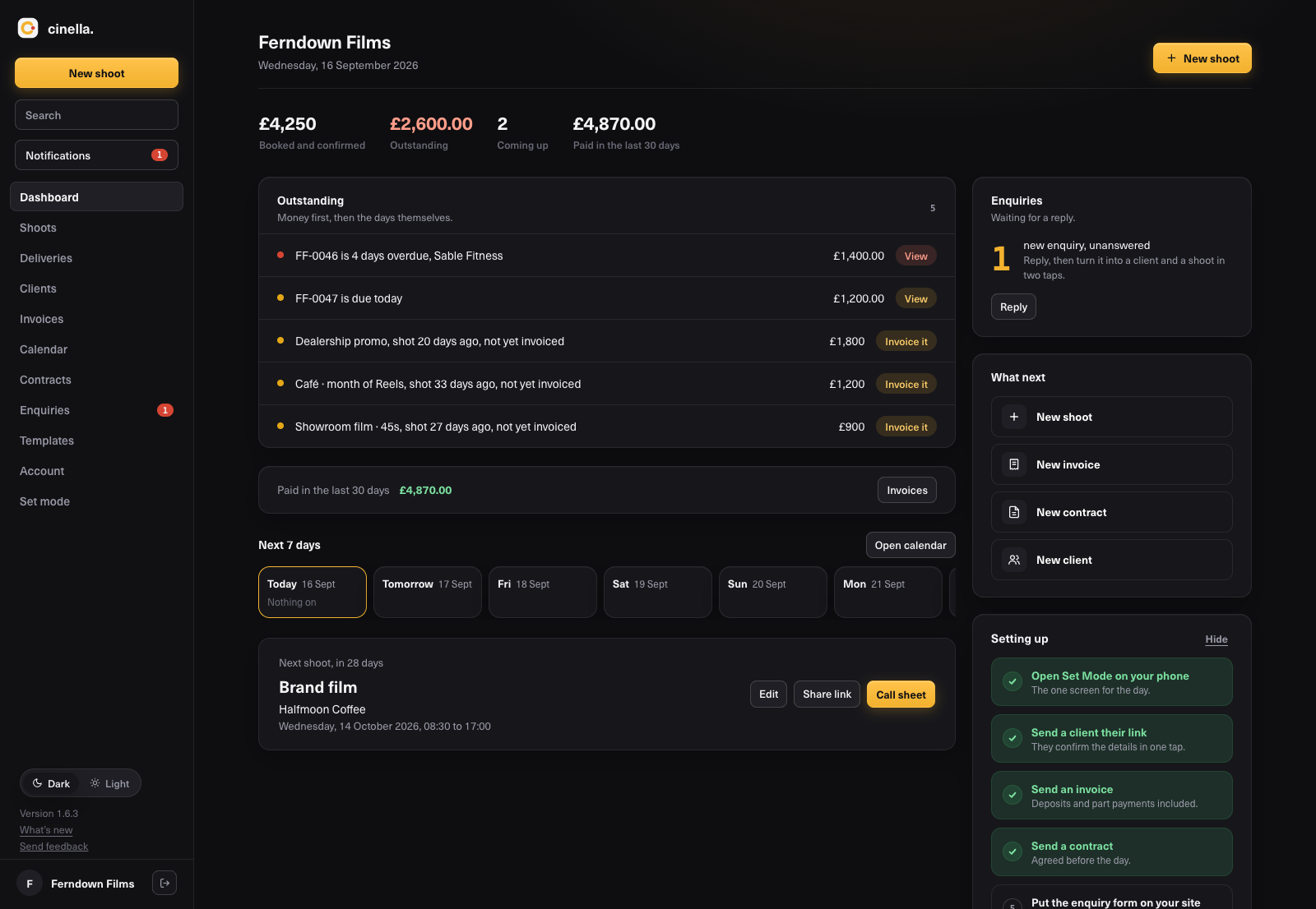 The studio dashboard: what is owed, the next seven days and the next shoot